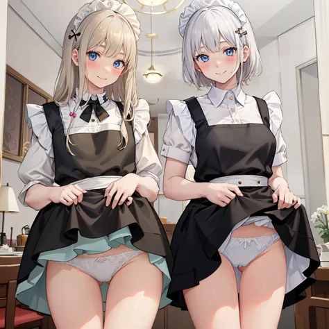 highest quality、masterpiece、((2 girls))、((smile:1.3))、(blush:1.3)、Black Shirt、blouse、((fun!!))、(Small breasts)、()、Blonde、()、((White apron:1.5))、((Maid))、((hair ornaments)),、Kamimei、look at me、 ((in house:1.5))、 Taking a break from watching the audience、Cow...