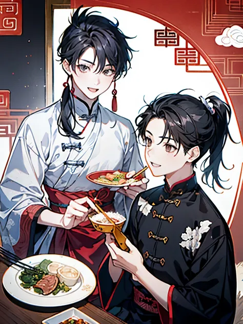 ((Two Boys)),Kaminarimon pattern background,(Chinese cuisine),(During meals),smile,looks fun,Black Hair,(Long side ponytail:1.3)