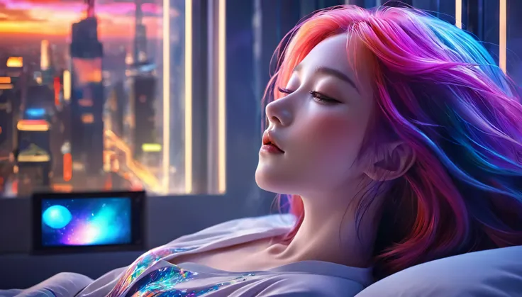 {{masterpiece}}, best quality, extremely detailed cg unified 8k wallpaper, movie lighting,futurism， a woman sleeping in bed，long...