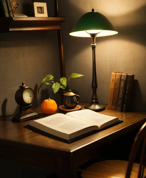 High-resolution photos，Dark style。Dark desk，A small oval tea tray，Inside is a small round gourd-shaped glass teapot and a small round glass teacup.，A wooden reading shelf，There is an open book on it.，A warm desk lamp on the left，A small green leaf plant，Th...