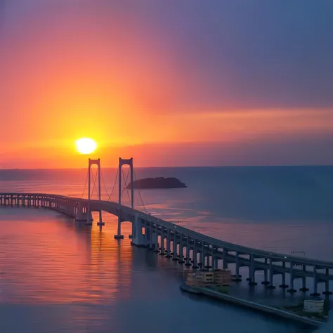 Alafid Bridge across the water，Sunset in the background, sunset kanagawa prefecture, during sunrise, Sun rise, Sunset, sunset sunrise, beautiful sunrise lighting, High quality wallpapers, at sunrise, morning sunrise, beautiful sunrise, sunrise, Sun rise, F...