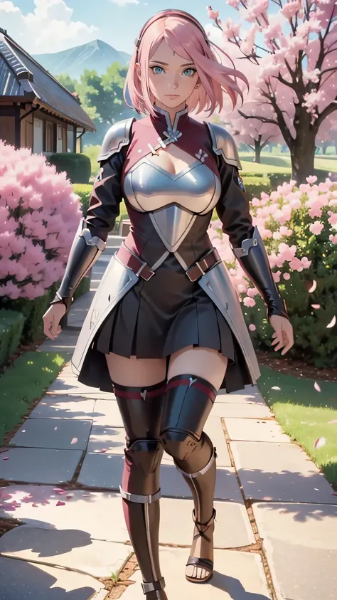 full body,wearing armor,warrior armor, ancient armor, sword, armor boots, Cherry blossom trees, cherry blossom petals, lavender field, masterpiece, (high detail:1 1), Rough face, Natural skin, high quality, Naruto Sakura，Pink hair, short detailed hair，Gree...