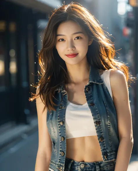 ((Medium chest, Long hair, Small head)), sunlight, Sunlight, (Chiseled abdominal muscles: 1.1), (Perfect body: 1.1), (Short Wavy Hair: 1.2), Auburn hair, collar, chain, Full body image, dilapidated street, Wearing a black vest, denim jacket, ((Extremely de...