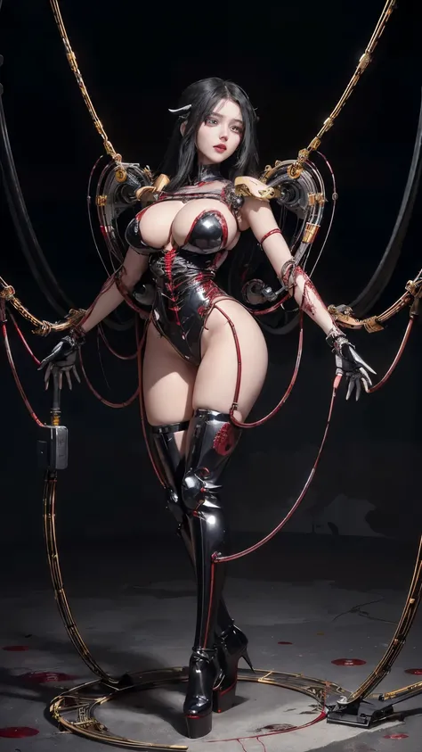 (((Masterpiece))), ((Best Quality)), (Super Detail), (CG Illustration), (Very Evil and Beautiful)), Cinematic Light, ((1 Mechanical Girl)), Single, (Mechanical Art: 1.4), ((Mechanical limb)), (Blood vessel attached to a tube), ((Mechanical spine attached t...