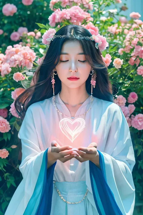 Goddess with a heart、Wear an aura、Look forward、Has an aura、Surrounded by flowers