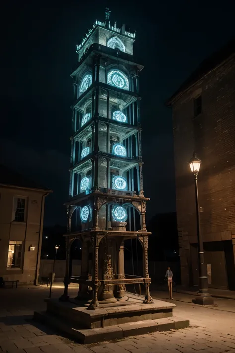 ((Best quality)), ((masterpiece)), (detailed),  (realism), square tower, divided into 3 parts, each part is connected to the previous one through chains, the base is secured to the ground with chains, between the parts of the tower there is a blue glow of ...