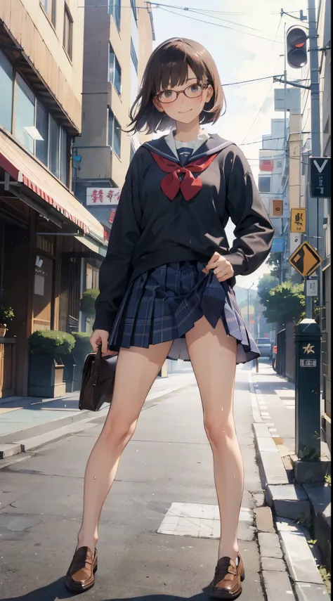 (super flat, flat shading), Honors Type, Really blushing, 17 years old, high school girl, wearing long sleeve shirt and plaid pleated mini skirt, Short bob cut brown hair, Glasses, sweaty healthy body, mesugaki smile, bare legs, loafers, ultra realistic, e...