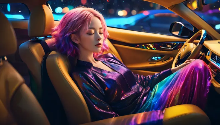 {{masterpiece}}, best quality, Extremely detailed CG unified 8k wallpaper, Movie Lighting,Minimalist style， A woman was sleeping in a luxury car，Sleep with eyes closed，Car window behind， A quiet night. , Multi-colored hair, (Colorful hair:1.5),