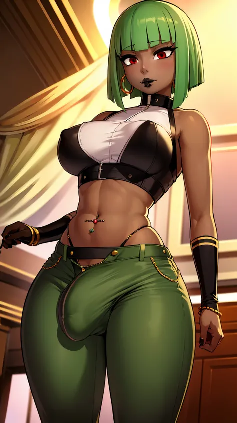 (solo:1.1),(masterpiece), (best quality:1.3), highly detailed, intricate, professional art, digital art, absurdres, confidant, emerald sustrai, futanari emerald sustrai wearing a white and green leotard with arm gloves and pants confidently in a club, (pan...