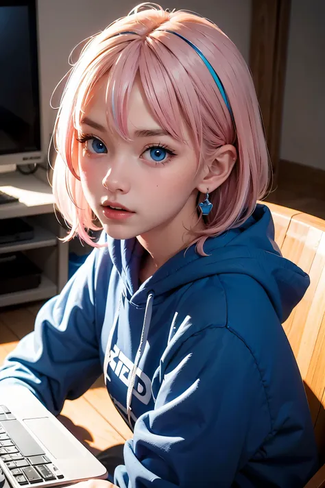 mika pikazo, 1girl, blue eyes, blue hoodie, computer, earrings, hood, hoodie, jewelry, keyboard (computer), logo, logo parody, m...