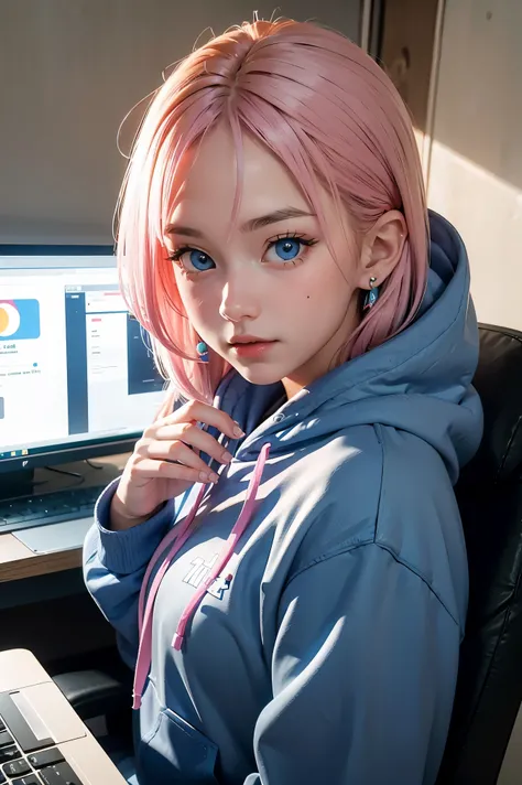 mika pikazo, 1girl, blue eyes, blue hoodie, computer, earrings, hood, hoodie, jewelry, keyboard (computer), logo, logo parody, m...