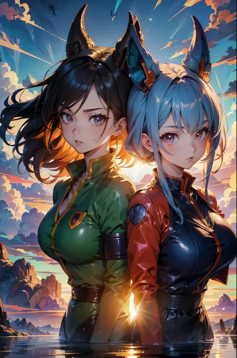 Three anime characters take a photo together, saiyan girl, EcchiAnime style, Dragon Ball风格, 《Dragon Ball》Bulma, Anime style, Headquarters Artwork, artistic, High-quality fanart, Dragon Ball Z 风格, anime girl, Robot 18, Official Fanart, High-resolution artwo...