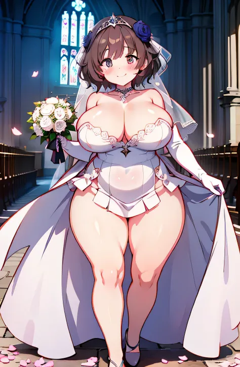 Anime illustration、highest quality、Voluptuous Bride、Newlyweds、Gothic Chapel、Walking along the aisle、White long gloves、A large amount of petals fluttering down、Wedding Style、gorgeous ruffled wedding dress、flare skirt、Perfect Proportions、overwhelmingly big b...