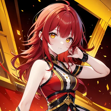 ((red hair)), ((yellow eyes)), ((avatar)), ((portrait)), ((a girl)), medium hair, ((idol costume)), ((idol))