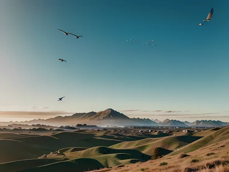 Draw me a beautiful, eye-soothing landscape and lots of birds flying, animated