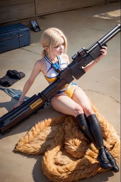 (best quality,4K,8k,high resolution,masterpiece:1.2),Super detailed,(Practical,photoPractical,photo-Practical:1.37),Japanese cartoons,1 girl,Lay down,Aiming the gun,Shooting at a long distance,Big lance,Energy weapons,blue energy