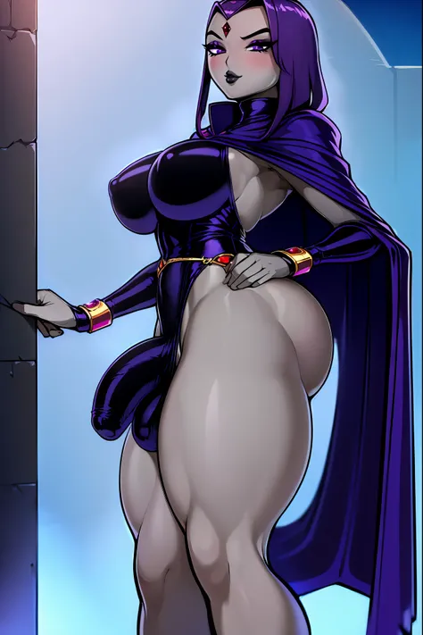 (solo:1.1),(masterpiece), (best quality:1.3), ultra detailed, intricate, professional art, digital art, absurdres, shadraven, (Full body view:1.1), 1girl, solo, (grey skin:1.4), dark purple hair, bob hair, purple eyes, hips wider than shoulders, pear shape...