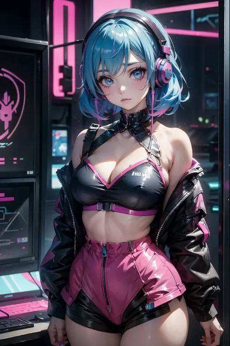 Arav Girls，Blue Hair，Wearing headphones，Holding a pink toy in hand, Belle Delphine, Pastel Gothic aesthetic, Player aesthetics, Electronic Girl, Electronic Girl, Pastel Gothic, 具有Cyberpunk style, Aesthetic Cyberpunk, Network Aesthetics, Cyberpunk style, Cy...