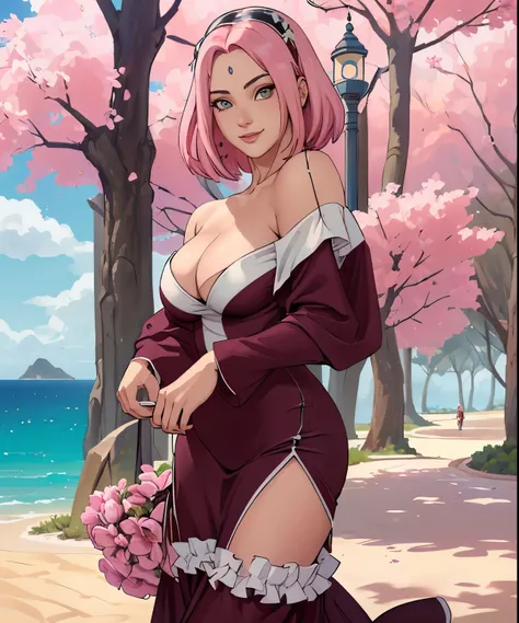 (((sexy off shoulder dress))), Obra maestra， La mejor calidad en el mejor de los casos， 1girll， Sakura Haruno， (((senos enormes)))，((hombros desnudos))，（((((escote)))))，（Primer plano de la parte superior del cuerpo)，sexy，is shy，smil，con cabello rosado， Pel...