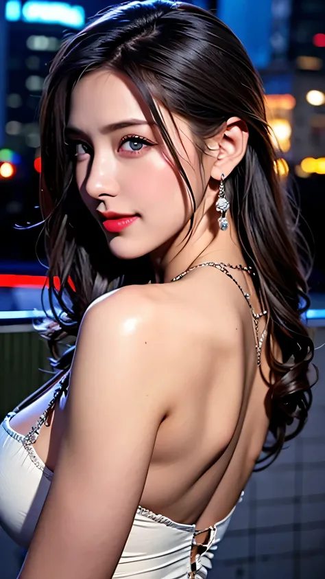 Beautiful city college girl, masterpiece, light makeup, red lips, silver hair, long messy hair, cityscape background, beautiful and elegant. Very fine details, masterpiece, authentic texture, realism of movie lighting, perfect work, 16k, HD, exquisite feat...