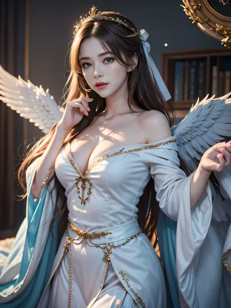 masterpiece, best quality, (Extremely detailed CG Unity 8K wallpaper), (best quality), (Best Illustration), (The best shadow), absurd, Realistic lighting, (abyss), Beautiful and delicate light, Artworks by Peter Mohr Bacher,Super large wings。An angel girl，...