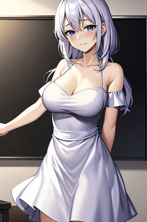 ((off shoulder)), (white hair), (white dress), anime girl in a standing in front of a blackboard, realistic , a hyperrealistic , hyperrealistic , standing in class, beautiful anime high school girl, school girl, professor clothes, smooth anime cg art, , cu...