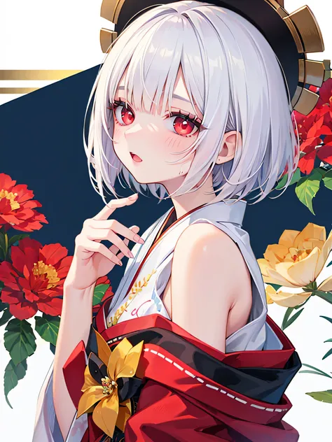 masterpiece, best quality, :o, sweating, close upmasterpiece,best quality,8k wallpaper,1  girl,solo,
flat chest, skinny,
beautiful embroidery kimono,light smile,pale skin, pale skin shade, intricate white hair,red eyes,squinting eyes,empty eyes,no pupils,
...