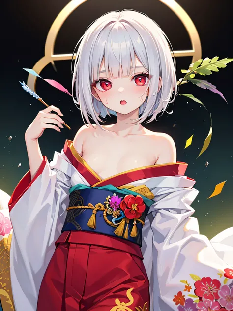 masterpiece, best quality, :o, sweating, close upmasterpiece,best quality,8k wallpaper,1  girl,solo,
flat chest, skinny, ribs,
beautiful embroidery kimono,light smile,pale skin, pale skin shade, intricate white hair,red eyes,squinting eyes,empty eyes,no pu...