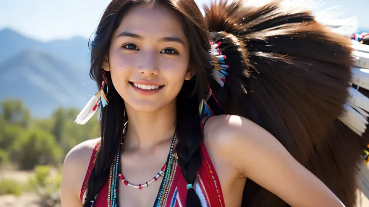 Try it. Create a beautiful 18 year old native American woman with natural light cinematic on her back using her tribal attributes showing a sweet smile 