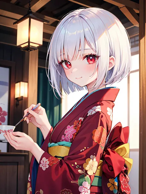 masterpiece, best quality, sweating, close upmasterpiece,best quality,8k wallpaper,1 girl,solo, flat chest, skinny, beautiful embroidery kimono,light smile,pale skin, pale skin shade, intricate white hair,red eyes,squinting eyes,empty eyes,no pupils, eyela...