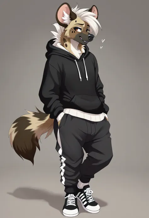 generate a hyena fursona wearing a black hoodie, black sweat pants that go above his black shoes. make his socks have a black an...