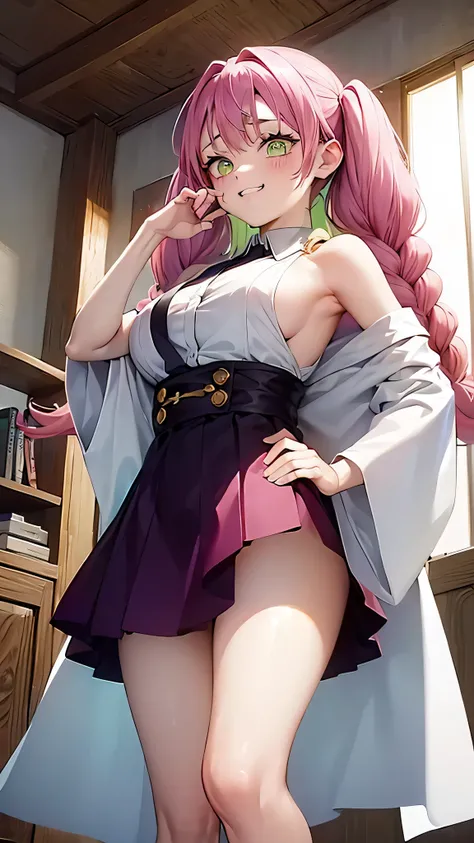 ((1girl))、masterpiece、Demon slayer、(kanroji mitsuri)、Pink Hair、Yellow-green hair、Braided twin tails、(Big Breasts)、(Plump thighs)、Very short skirt、((Angle from below))、evil grin、The button on the chest is undone、standing with legs apart、Hands on hips、Thigh ...