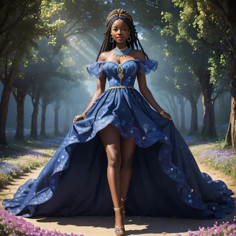 A smiling black african Barbie princess wearing a princess like blue dress, extremely detailed, detailed background, diffused natural lighting, standing in a flower field, flower petals, surrounded by flowers, (many colors, colorful, wind blowing, earrings...