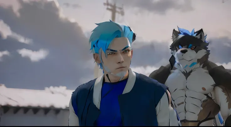 Anime furry, male, wolf man, human blue hair, muscle furry