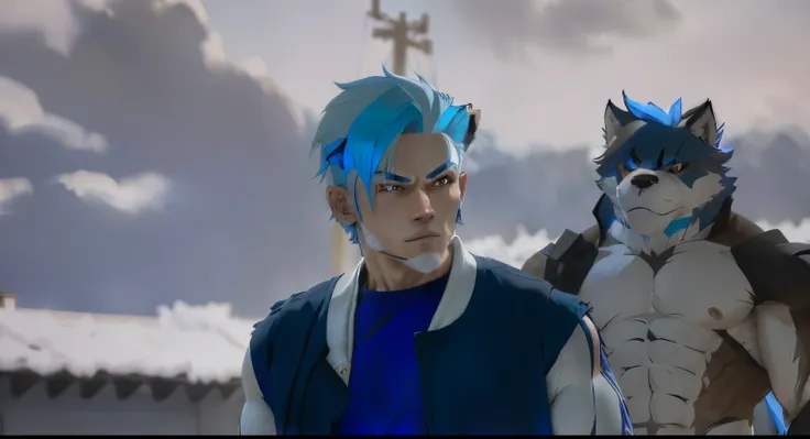 anime furry, male, wolf man, human blue hair, muscle furry