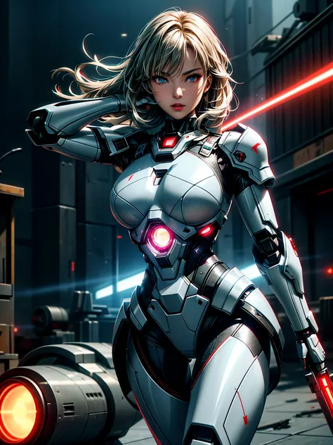 Ultra-wide shot,(Sexy female robot in futuristic armor),(retain human body characteristics),fantasy,Science Fiction,Break, 
Beautiful female face,Tempting,sexy,mist,Vivid and charming eyes,(Glowing eyes),Super detailed eyes,Fine textured face,soft textured...