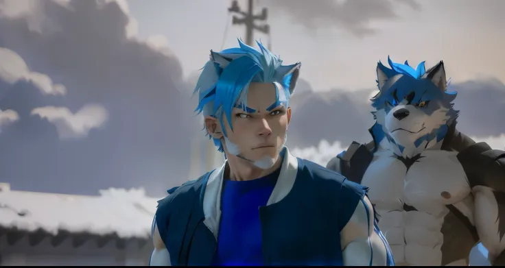 anime furry, male, wolf man, human blue hair, muscle furry