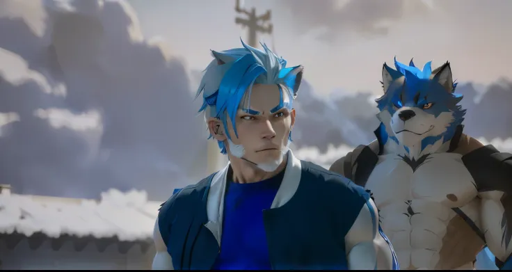 anime furry, male, wolf man, human blue hair, muscle furry