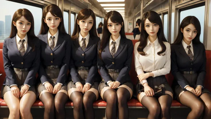 (best quality, masterpiece:1.5), (ultra-detailed, realistic:1.37),(4girls:1.5),japanese,perfect face, perfect arms, perfect legs,perfect fingers,office uniform,skirt,black latex pantyhose,seiza in the train,(sitting),(arms crossed:1.1)