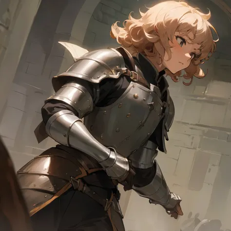 (solo:2), anime, (medieval fantasy), femboy, (feminine guy), (hair short, curly, brown), fighter, (leather armor, light), beast-like, shy