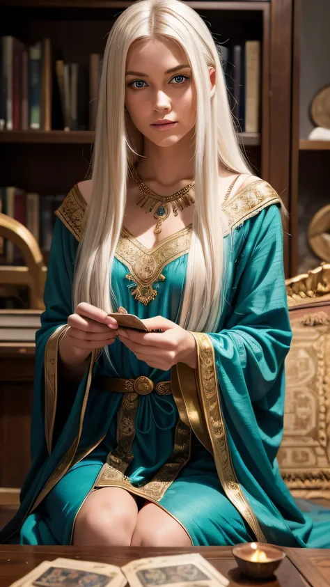 Create an image of a serene and spiritual woman practicing Tarot. Masterpiece, long white hair, long white hair, (waist length hair), glowing hair, Detailed hair, Messy hair, deep thoughtful blue Eyes, beautiful eyes, extremely detailed eyes and face, Beau...