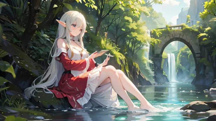 A long-haired elf girl sitting in a river with her dress on and getting wet,Embarrassed look,transparent skin