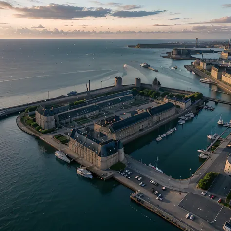 An image of the port of Brest with the château de la marine, sur leau des bateaux militaires. Un soleil couchant avec des mouettes volant dans le ciel. Sur le port, des boutiques et des bars. Aucun humain.