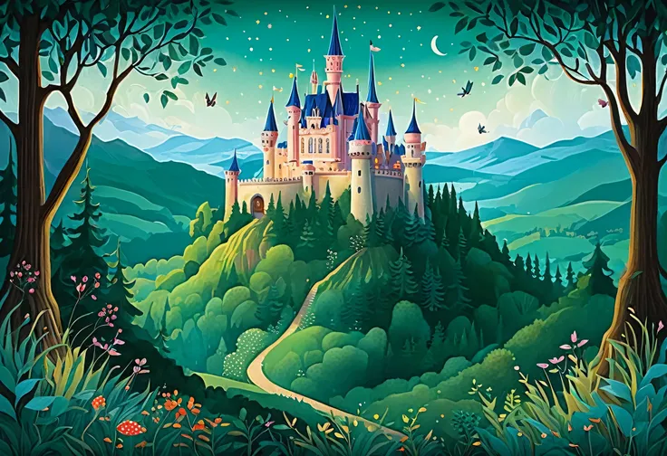 There is a picture of a castle in the middle of the forest, Jane Newland, Fairy tale illustration, Fairy tale illustration, Fairy tale illustrations, Fairy tale style illustration, britney lee, Fairy tale painting, Magic Castle School on the Hill, fairy ta...