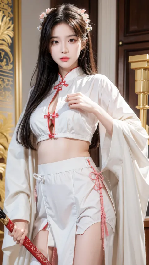 best quality, masterpiece, high resolution,3 girls,Pretty Face,whole body,Chinese clothes,White Taoist robe,Right hand holding sword (Gorgeous decoration),peach,