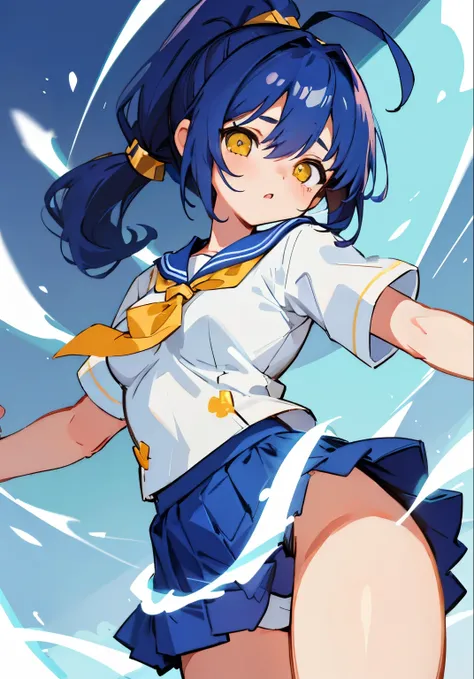 masterpiece, highest quality,  Poor breasts、Ultramarine Hair、ponytail、Glowing yellow eyes、Bangs between the eyes、Ahoge, Sailor suit, skirt, 