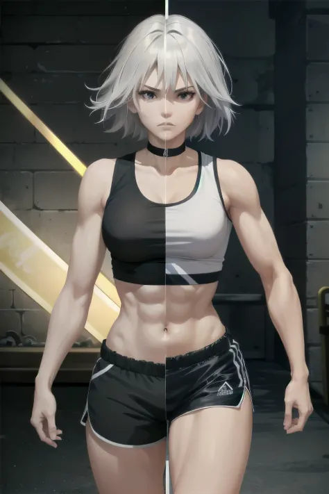 ((ultra detailed, masterpiece, absurdres)) workout gym background, body facing viewer,
SplitScreen, split screen, DOAChristie, 1girl, short hair, white hair, purple eyes, tall Woman, navel, in training wears, (choker, black choker), (Sport top, black outli...