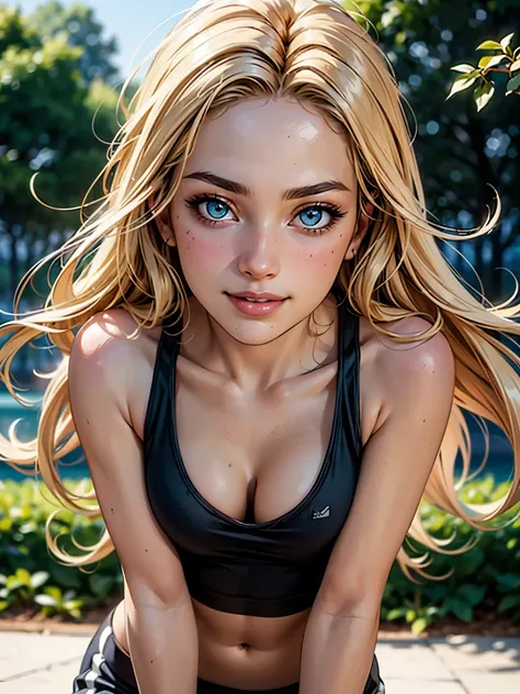 (best quality,ultra-detailed,photo-realistic:1.37),bright and vibrant colors,studio lighting,playful expression,stylish makeup,long blonde hair flowing in the wind,alluring eyes,glossy lips,sexy pose,Sports Bra, running in park, smiling in a confident and ...