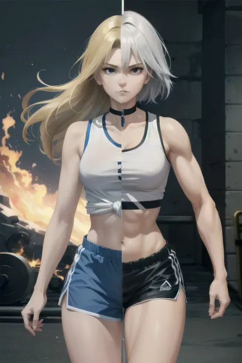 ((ultra detailed, masterpiece, absurdres)) Workout gym background, Body facing viewer,SplitScreen, split screen, DOAHelena, 1girl, long hair, blonde hair, in training wears, navel (choker, blue choker), (Sport shirt, White shirt, Blue outline on shirt, the...