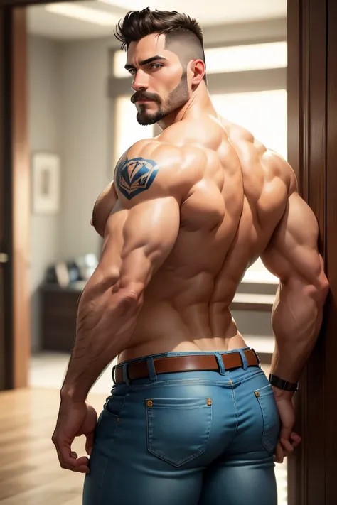 an incredibly handsome and attractive young man with big muscles, con bigote y barba corto, mustache, beard, Big muscular body , 40 years old with short dark blonde hair and light brown eyes., cuerpo completo, muy nalgon, angular jaw, Alto y muscular, vaqu...